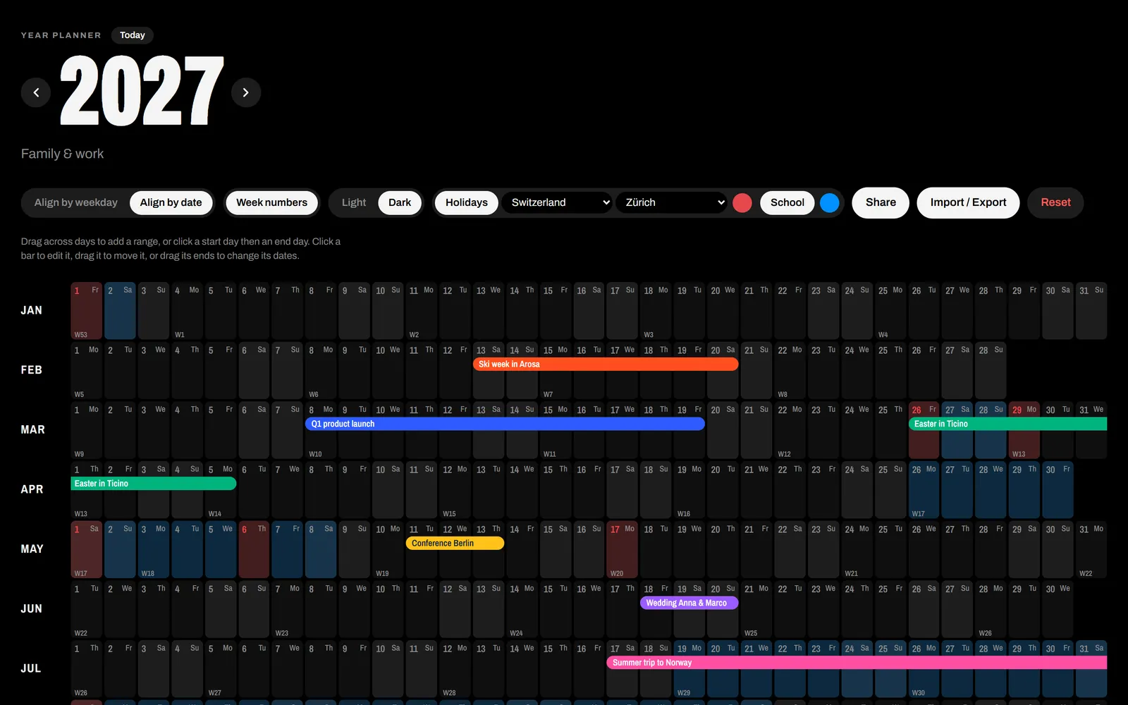 Year Planner showing 2027 with colored ranges, Swiss public and school holidays and week numbers in the dark theme