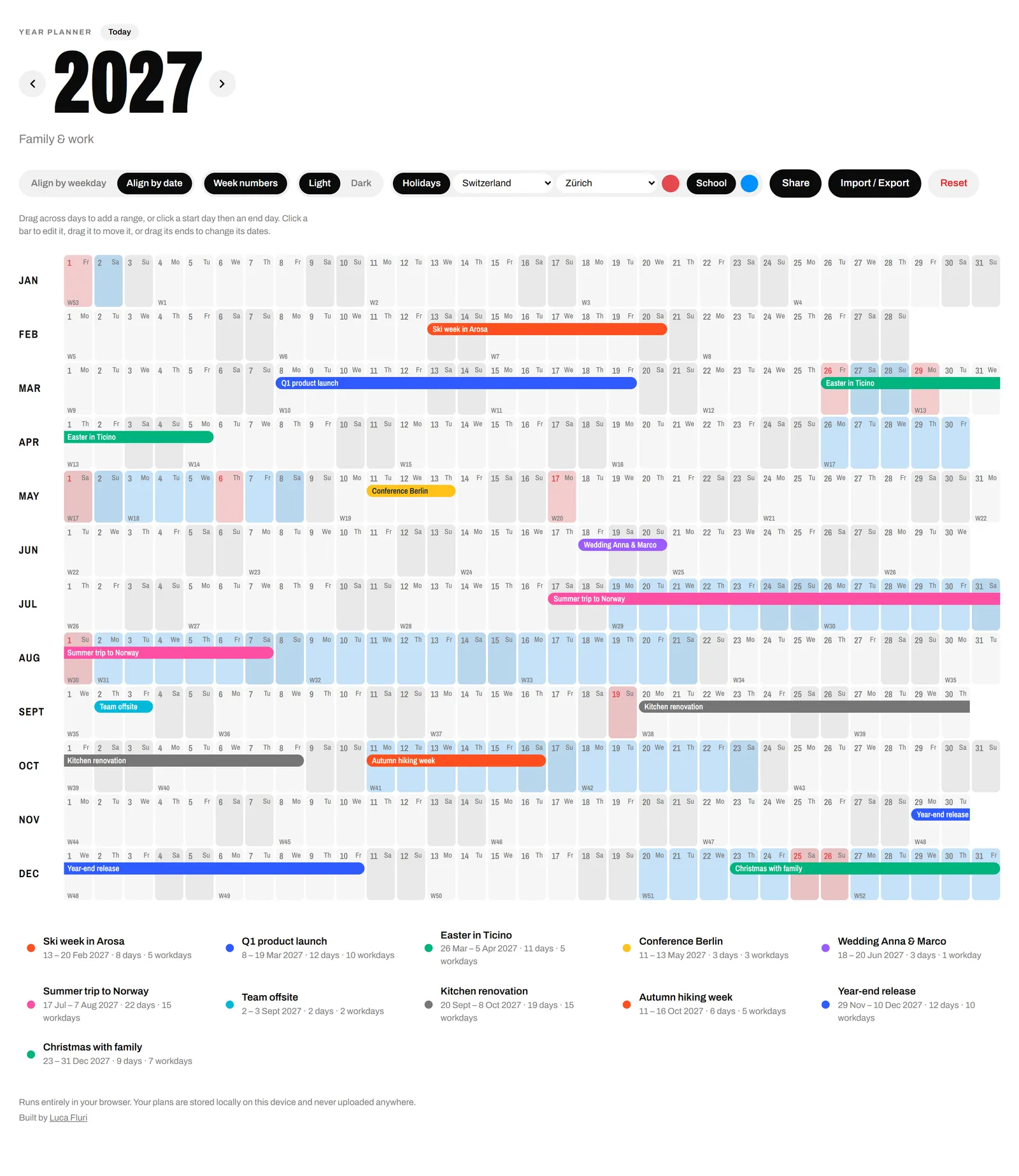 Full year in the light theme with ranges and holidays