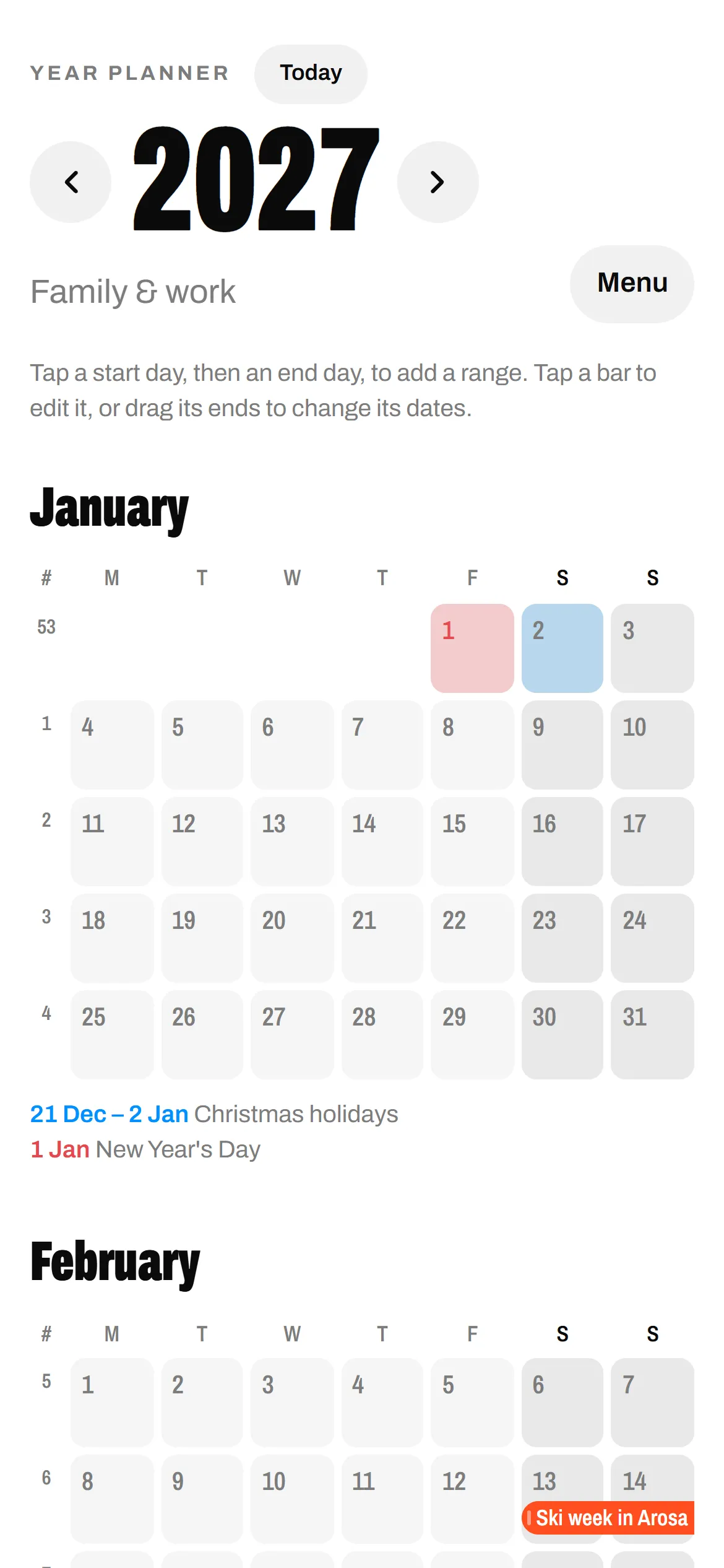 Year Planner on a phone showing January as a month card with holidays listed below